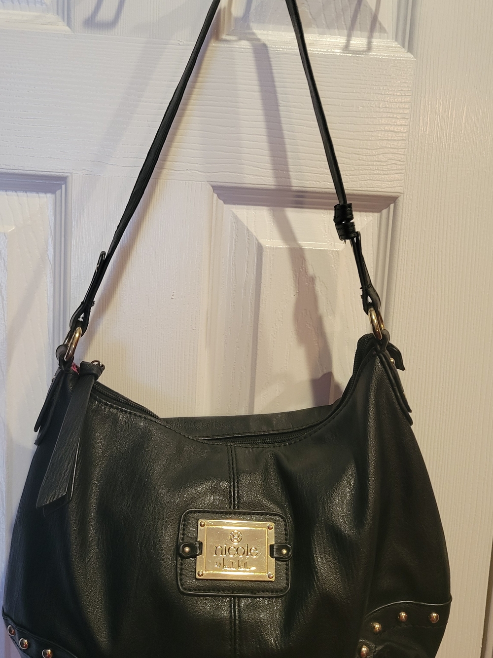 Nicole Miller Black Leather Shoulder Bag with Gold Plate Accent